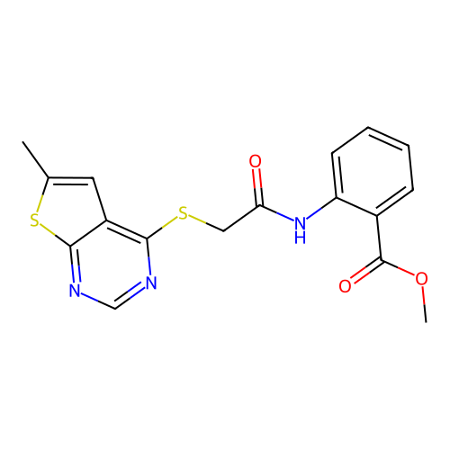 Methyl 2-[2-({6-methylthieno[2,3-d]pyrimidin-4-yl}sulfanyl)acetamido]benzoate structure