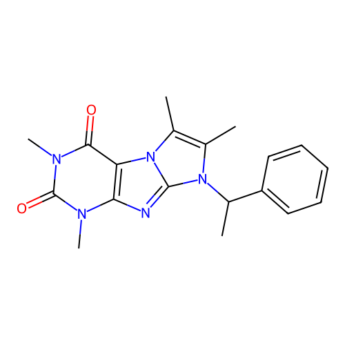 1,3,6,7-tetramethyl-8-(1-phenylethyl)-1H-imidazo[2,1-f]purine-2,4(3H,8H)-dione structure
