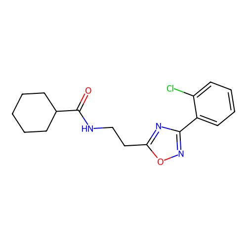 N-[2-[3-(2-chlorophenyl)-1,2,4-oxadiazol-5-yl]ethyl]cyclohexanecarboxamide structure