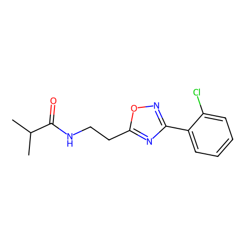 N-[2-[3-(2-chlorophenyl)-1,2,4-oxadiazol-5-yl]ethyl]-2-methylpropanamide structure