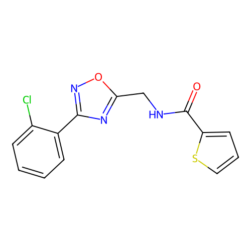 N-[[3-(2-chlorophenyl)-1,2,4-oxadiazol-5-yl]methyl]thiophene-2-carboxamide structure