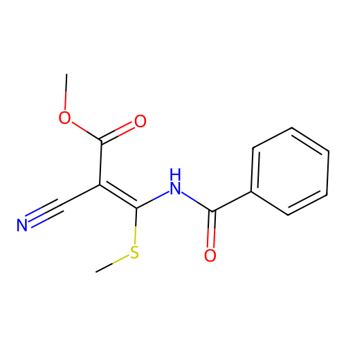 Methyl 3-(benzoylamino)-2-cyano-3-(methylthio)acrylate structure