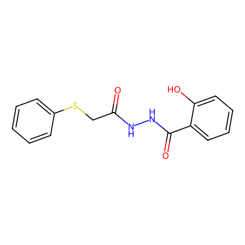2-hydroxy-N'-(2-phenylsulfanylacetyl)benzohydrazide structure