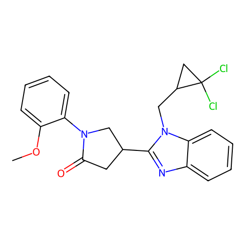 4-(1-((2,2-dichlorocyclopropyl)methyl)-1H-benzo[d]imidazol-2-yl)-1-(2-methoxyphenyl)pyrrolidin-2-one structure