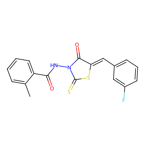 (Z)-N-(5-(3-fluorobenzylidene)-4-oxo-2-thioxothiazolidin-3-yl)-2-methylbenzamide structure
