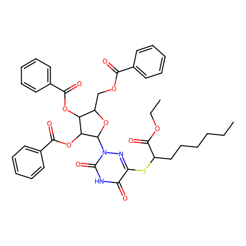 2-((Benzoyloxy)methyl)-5-(6-((1-ethoxy-1-oxooctan-2-yl)thio)-3,5-dioxo-4,5-dihydro-1,2,4-triazin-2(3H)-yl)tetrahydrofuran-3,4-diyl dibenzoate structure