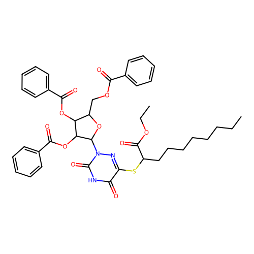 [3,4-dibenzoyloxy-5-[6-(1-ethoxy-1-oxodecan-2-yl)sulfanyl-3,5-dioxo-1,2,4-triazin-2-yl]oxolan-2-yl]methyl benzoate structure