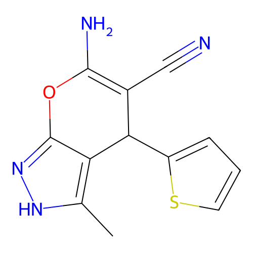 6-amino-3-methyl-4-(thiophen-2-yl)-1H,4H-pyrano[2,3-c]pyrazole-5-carbonitrile structure
