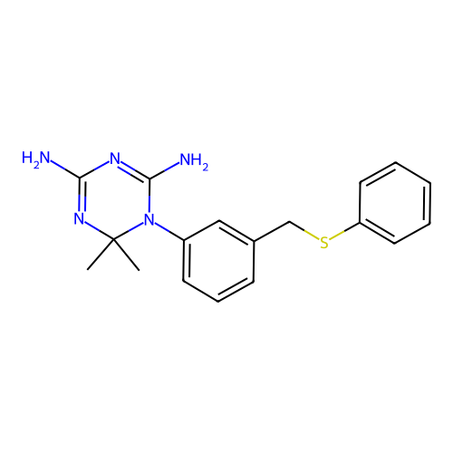 6,6-Dimethyl-1-[3-(phenylsulfanylmethyl)phenyl]-1,3,5-triazine-2,4-diamine structure