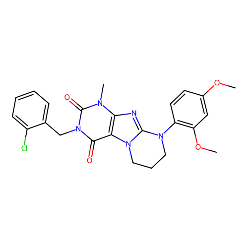 3-(2-chlorobenzyl)-9-(2,4-dimethoxyphenyl)-1-methyl-6,7,8,9-tetrahydropyrimido[2,1-f]purine-2,4(1H,3H)-dione structure