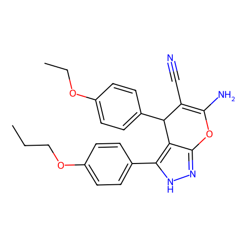 6-amino-4-(4-ethoxyphenyl)-3-(4-propoxyphenyl)-2,4-dihydropyrano[2,3-c]pyrazole-5-carbonitrile structure