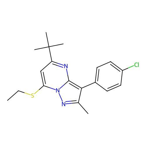 5-tert-butyl-3-(4-chlorophenyl)-7-(ethylsulfanyl)-2-methylpyrazolo[1,5-a]pyrimidine structure