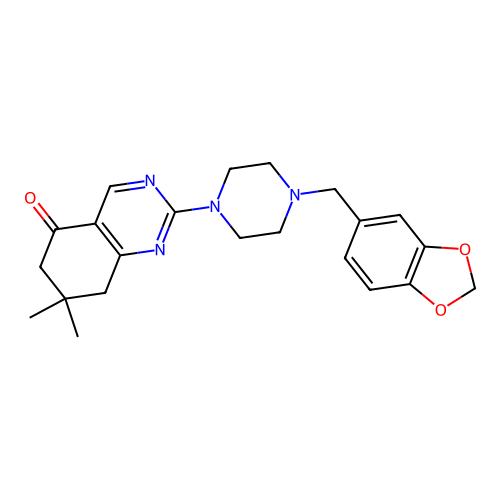 2-[4-(1,3-benzodioxol-5-ylmethyl)piperazin-1-yl]-7,7-dimethyl-7,8-dihydroquinazolin-5(6H)-one structure