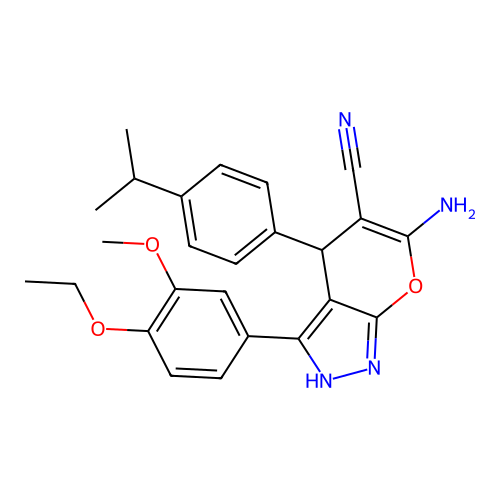 6-amino-3-(4-ethoxy-3-methoxyphenyl)-4-(4-isopropylphenyl)-1,4-dihydropyrano[2,3-c]pyrazole-5-carbonitrile structure