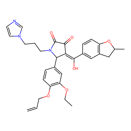 (4E)-5-(3-ethoxy-4-prop-2-enoxyphenyl)-4-[hydroxy-(2-methyl-2,3-dihydro-1-benzofuran-5-yl)methylidene]-1-(3-imidazol-1-ylpropyl)pyrrolidine-2,3-dione structure