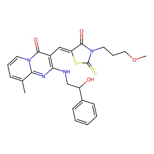 2-[(2-hydroxy-2-phenylethyl)amino]-3-{(Z)-[3-(3-methoxypropyl)-4-oxo-2-thioxo-1,3-thiazolidin-5-ylidene]methyl}-9-methyl-4H-pyrido[1,2-a]pyrimidin-4-one structure