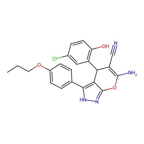 6-amino-4-(5-chloro-2-hydroxyphenyl)-3-(4-propoxyphenyl)-2,4-dihydropyrano[2,3-c]pyrazole-5-carbonitrile structure