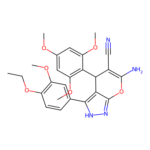 6-amino-3-(4-ethoxy-3-methoxyphenyl)-4-(2,4,6-trimethoxyphenyl)-2,4-dihydropyrano[2,3-c]pyrazole-5-carbonitrile structure