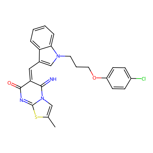 (6E)-6-({1-[3-(4-chlorophenoxy)propyl]-1H-indol-3-yl}methylidene)-5-imino-2-methyl-5,6-dihydro-7H-[1,3]thiazolo[3,2-a]pyrimidin-7-one structure
