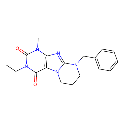 9-benzyl-3-ethyl-1-methyl-7,8-dihydro-6H-purino[7,8-a]pyrimidine-2,4-dione structure