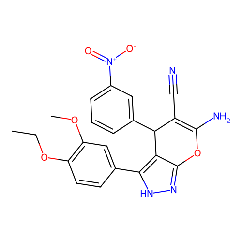 6-amino-3-(4-ethoxy-3-methoxyphenyl)-4-(3-nitrophenyl)-2,4-dihydropyrano[2,3-c]pyrazole-5-carbonitrile structure