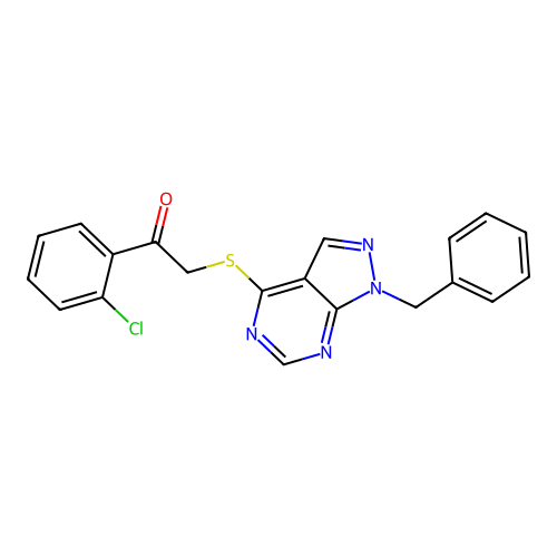2-((1-benzyl-1H-pyrazolo[3,4-d]pyrimidin-4-yl)thio)-1-(2-chlorophenyl)ethanone structure