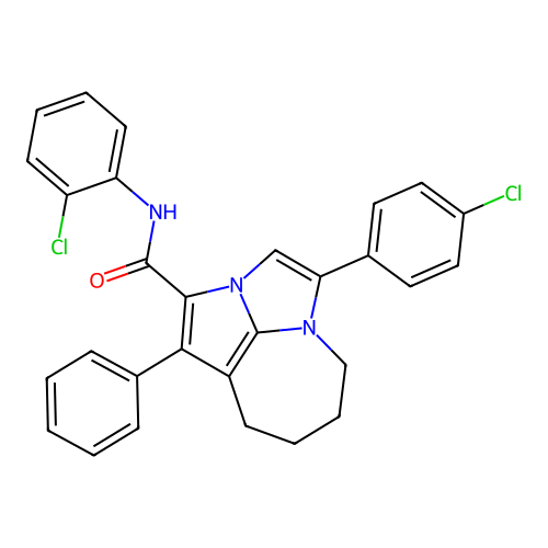 N-(2-chlorophenyl)-4-(4-chlorophenyl)-1-phenyl-5,6,7,8-tetrahydro-2a,4a-diazacyclopenta[cd]azulene-2-carboxamide structure