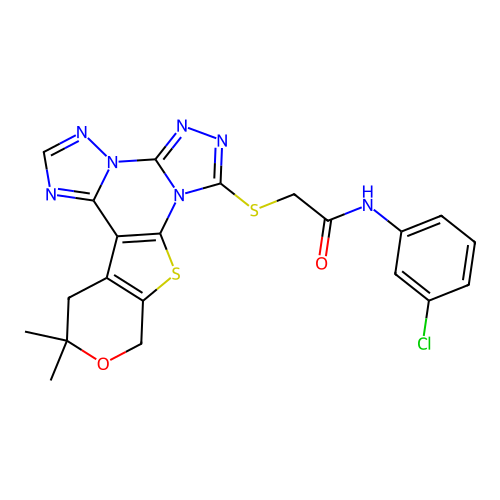 N-(3-chlorophenyl)-2-((12,12-dimethyl-12,13-dihydro-10H-pyrano[4',3':4,5]thieno[3,2-e]bis([1,2,4]triazolo)[4,3-a:1',5'-c]pyrimidin-7-yl)thio)acetamide structure