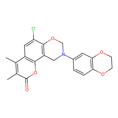 6-chloro-9-(2,3-dihydro-1,4-benzodioxin-6-yl)-3,4-dimethyl-8,10-dihydropyrano[2,3-f][1,3]benzoxazin-2-one structure