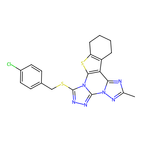 7-((4-chlorobenzyl)thio)-2-methyl-10,11,12,13-tetrahydrobenzo[4,5]thieno[3,2-e]bis([1,2,4]triazolo)[4,3-a:1',5'-c]pyrimidine structure