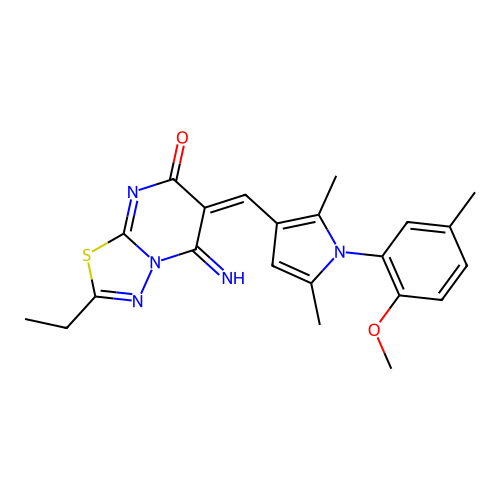 (6E)-2-ethyl-5-imino-6-[[1-(2-methoxy-5-methylphenyl)-2,5-dimethylpyrrol-3-yl]methylidene]-[1,3,4]thiadiazolo[3,2-a]pyrimidin-7-one structure