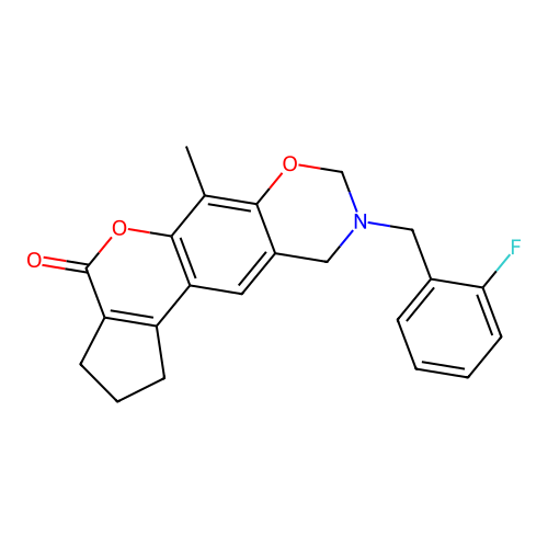 9-(2-fluorobenzyl)-6-methyl-2,3,9,10-tetrahydro-1H-cyclopenta[3,4]chromeno[6,7-e][1,3]oxazin-4(8H)-one structure