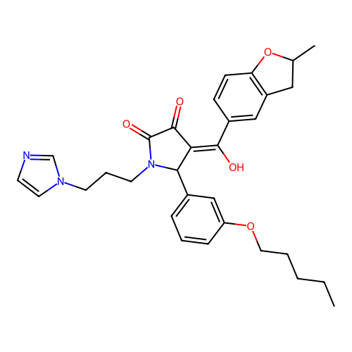 (4E)-4-[hydroxy-(2-methyl-2,3-dihydro-1-benzofuran-5-yl)methylidene]-1-(3-imidazol-1-ylpropyl)-5-(3-pentoxyphenyl)pyrrolidine-2,3-dione structure