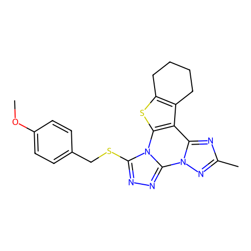 7-((4-methoxybenzyl)thio)-2-methyl-10,11,12,13-tetrahydrobenzo[4,5]thieno[3,2-e]bis([1,2,4]triazolo)[4,3-a:1',5'-c]pyrimidine structure