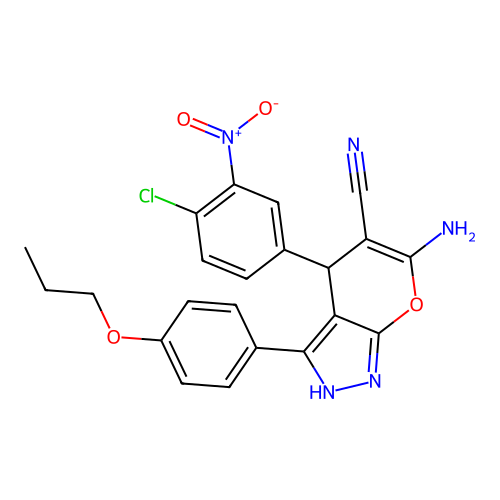 6-amino-4-(4-chloro-3-nitrophenyl)-3-(4-propoxyphenyl)-2,4-dihydropyrano[2,3-c]pyrazole-5-carbonitrile structure