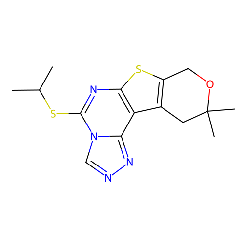 10,10-dimethyl-5-(propan-2-ylsulfanyl)-10,11-dihydro-8H-pyrano[4',3':4,5]thieno[3,2-e][1,2,4]triazolo[4,3-c]pyrimidine structure