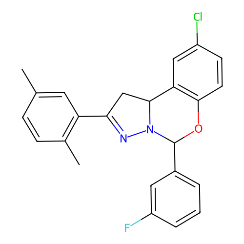 9-(2,5-dimethylphenyl)-2-chloro-6-(3-fluorophenyl)-6H,10aH-benzo[e]2-pyrazolin o[1,5-c]1,3-oxazine structure