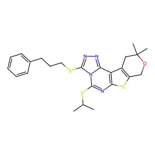 10,10-dimethyl-3-[(3-phenylpropyl)sulfanyl]-5-(propan-2-ylsulfanyl)-10,11-dihydro-8H-pyrano[4',3':4,5]thieno[3,2-e][1,2,4]triazolo[4,3-c]pyrimidine structure