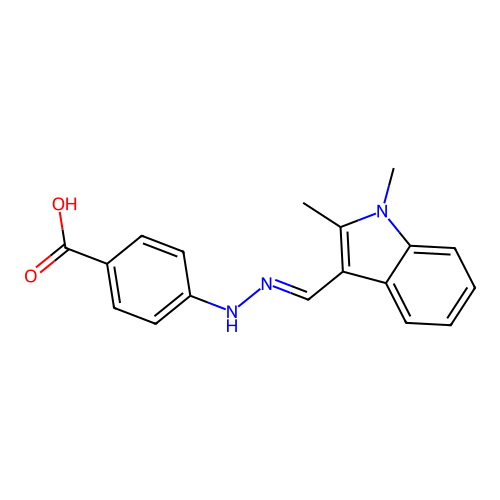 4-{(2E)-2-[(1,2-dimethyl-1H-indol-3-yl)methylidene]hydrazinyl}benzoic acid structure