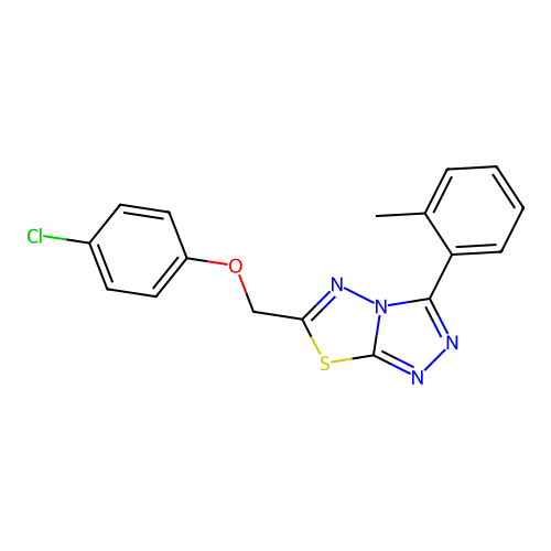 6-((4-chlorophenoxy)methyl)-3-(o-tolyl)-[1,2,4]triazolo[3,4-b][1,3,4]thiadiazole structure