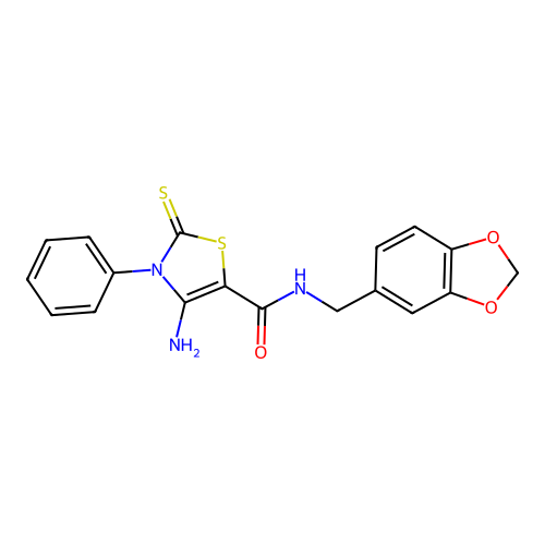 4-amino-N-(1,3-benzodioxol-5-ylmethyl)-3-phenyl-2-thioxo-2,3-dihydro-1,3-thiazole-5-carboxamide structure