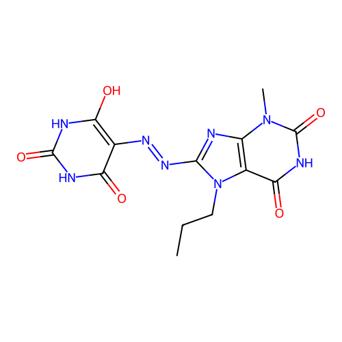 5-(2-(3-methyl-2,6-dioxo-7-propyl-2,3,6,7-tetrahydro-1H-purin-8-yl)hydrazono)pyrimidine-2,4,6(1H,3H,5H)-trione structure