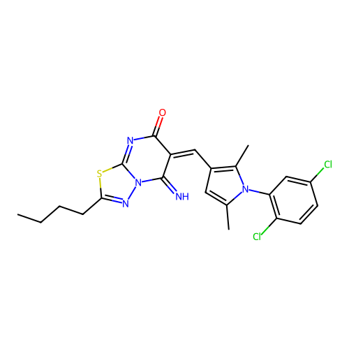 (6E)-2-butyl-6-[[1-(2,5-dichlorophenyl)-2,5-dimethylpyrrol-3-yl]methylidene]-5-imino-[1,3,4]thiadiazolo[3,2-a]pyrimidin-7-one structure