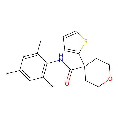 N-mesityl-4-(thiophen-2-yl)tetrahydro-2H-pyran-4-carboxamide structure