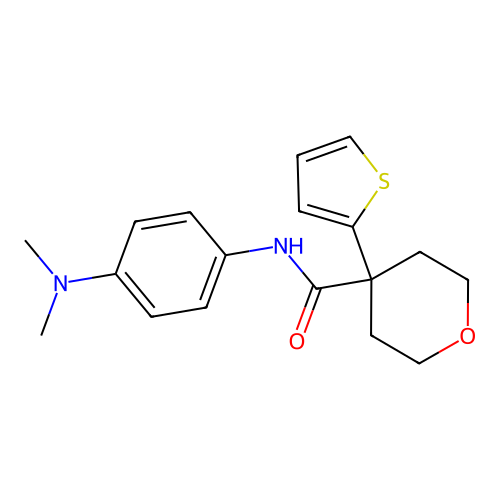 N-(4-(dimethylamino)phenyl)-4-(thiophen-2-yl)tetrahydro-2H-pyran-4-carboxamide structure