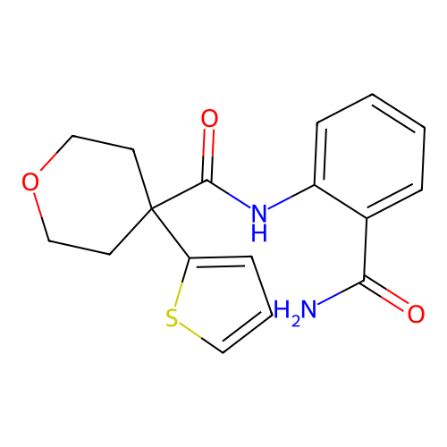 N-(2-carbamoylphenyl)-4-thiophen-2-yloxane-4-carboxamide structure