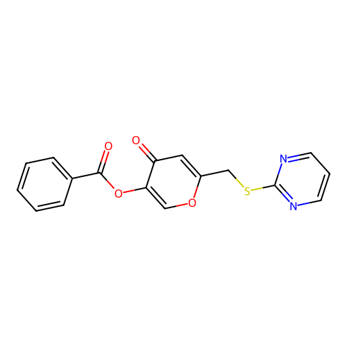 [4-Oxo-6-(pyrimidin-2-ylsulfanylmethyl)pyran-3-yl] benzoate structure