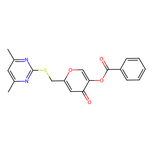 6-(((4,6-dimethylpyrimidin-2-yl)thio)methyl)-4-oxo-4H-pyran-3-yl benzoate structure