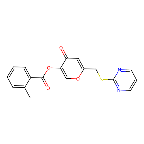 4-oxo-6-((pyrimidin-2-ylthio)methyl)-4H-pyran-3-yl 2-methylbenzoate structure