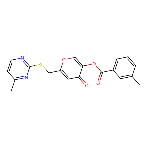 6-(((4-methylpyrimidin-2-yl)thio)methyl)-4-oxo-4H-pyran-3-yl 3-methylbenzoate structure